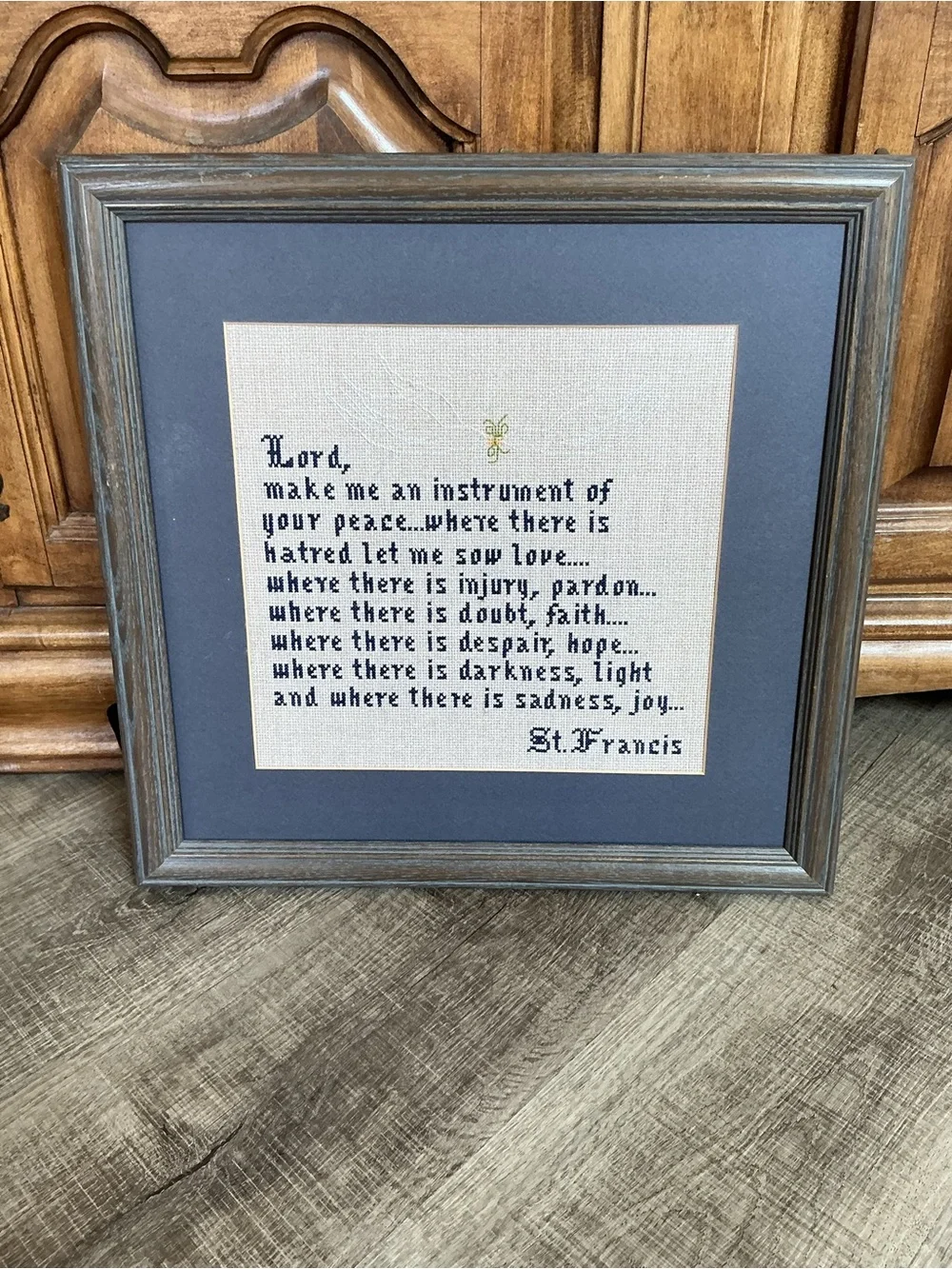 St. Francis Prayer Cross-Stitch Wall Art in Blue and Cream